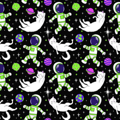 Astronaut and Cats in space, psychedelic cartoon seamless pattern