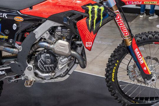 Milan, Italy : 11 05 2024 Eicma International cycle and motorcycle show Ducati Desmo 450 Mx Detail Motocross Bike