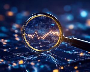 Magnifying glass over a city map with a data chart, representing data analysis.