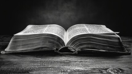 Open old book on wooden table with dark background.