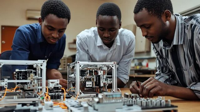 Three African men are working on a project together. They are focused and determined to get the job done.