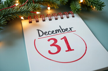 New Year card. Notepad page with the inscription "December 31st", circled with a red marker, Christmas tree branches with lights on a light background