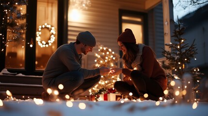 A couple sits on a snowy porch, surrounded by twinkling lights, enjoying a cozy winter evening