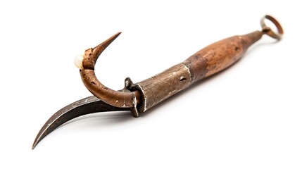 A Single Tooth Standing Isolated with a Tool Beside It on a Clean White Background. Detailed View of Dental Object and Associated Implement in a Plain Setting.