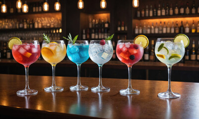 Six colorful cocktails sit on the bar counter of a dimly lit establishment