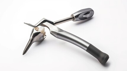 Obraz premium A Single Tooth Standing Isolated with a Tool Beside It on a Clean White Background. Detailed View of Dental Object and Associated Implement in a Plain Setting.