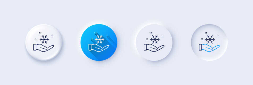 Freezing hand line icon. Neumorphic, Blue gradient, 3d pin buttons. AC cold temperature sign. Fridge function symbol. Line icons. Neumorphic buttons with outline signs. Vector