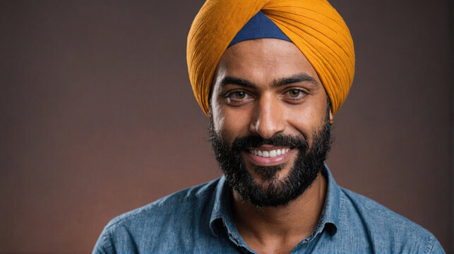 A man wearing a yellow turban smiles brightly at the camera