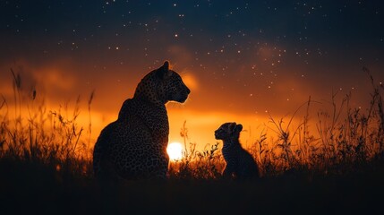 Leopard and Cub Silhouette at Sunset