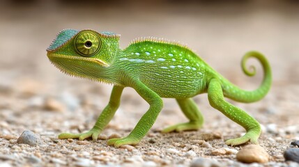 Fototapeta premium A green chameleon with white spots walks on a bed of small pebbles, its tail curled in a spiral.