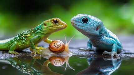 Fototapeta premium A green and blue lizard look at each other with a snail between them, reflected in the water.