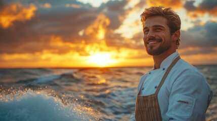 Smiling Chef Against Sunset Ocean