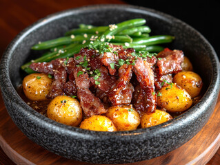 Rustic country-style dish with roasted new potatoes in a plate, tender green beans and crispy bacon bits. AI generative.
