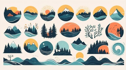 Naklejka premium Sun, trees, mountains, and waves in a hand-drawn natural element set. 