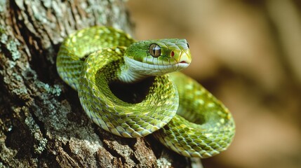 Fototapeta premium A green snake with yellow markings wraps itself around a tree trunk.