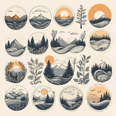 Naklejka premium Collection of hand-drawn nature icons: sun, trees, mountains, waves