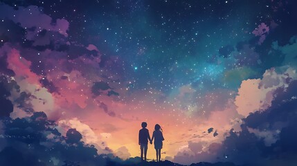 Obraz premium A Couple Silhouetted Against a Starry Night Sky