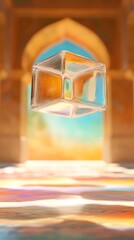 透明な立方体が波打つ表面の上に浮かんでおり、背景にはアーチ型の出入り口のぼやけた背景があります。