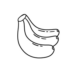 A clean black and white line drawing of a bunch of bananas and a peeled one, showcasing their curved shape and texture with simple, minimalist outlines.