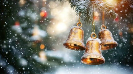 Golden Christmas Bells Hanging in Snowy Landscape