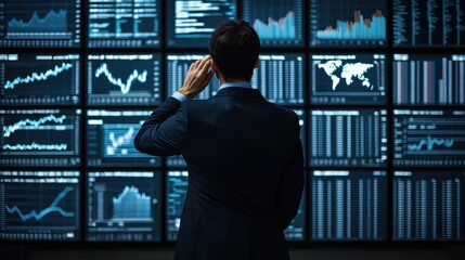 Fototapeta premium Businessperson analyzes data trends on large screen to drive strategic decisions