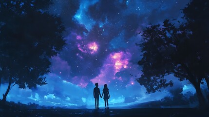 Obraz premium Silhouetted Couple Gazing at a Starry Night Sky
