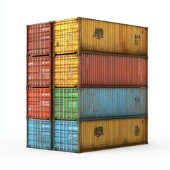 A stacked arrangement of colorful shipping containers, showcasing their rugged textures and vibrant colors in a modern industrial design.