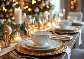 Festive dining table with elegant tableware and golden decorations in a holiday atmosphere
