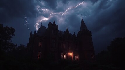 A large, dark, gothic mansion is silhouetted against a stormy sky with a bolt of lightning striking in the distance.