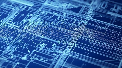 Fototapeta premium Blueprint Collage: Snippets of various blueprints overlap, forming a collage. Structural beams, plumbing layouts, and electrical circuits merge seamlessly. 