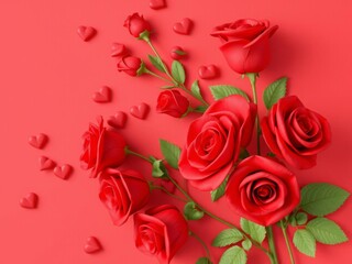 Red bright wall background with roses beautiful floral wallpaper with romantic elegant flowers 3d render, floral, red © Chalermrach