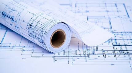 Blueprint Roll: A partially unrolled blueprint, revealing intricate architectural plans for a building. The edges of the paper curl slightly, emphasizing its tangible nature. 