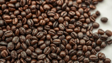 Fototapeta premium Rows of roasted coffee beans in perfect alignment on a white background, brown, beverage