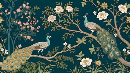 Vintage Floral Background with Peacocks and Golden Branches, Luxurious Floral Peacock Background
