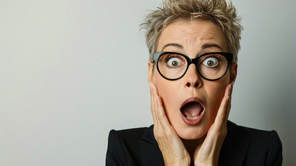 Mature woman with stylish glasses and short hair, displaying a shocked expression with wide eyes, open mouth, and hands touching her face