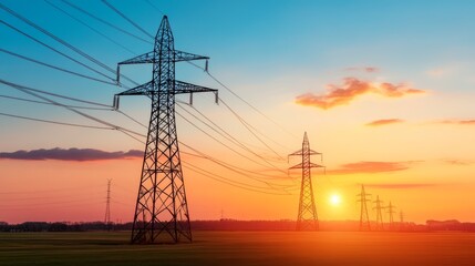 Silhouette of High-Voltage Towers Against the Setting Sun