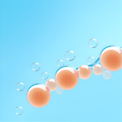 Sky blue abstract bubbles banner with copy space left.3d illustration micellar water. Reprodoctology, petrium dishes,oxygen molecules.Laboratory research and scientific.Transparent liquid, human eggs