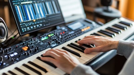 Music Production Setup: Musician Playing a Keyboard in a Home Studio with a Computer Screen