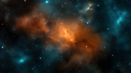 Fototapeta premium Colorful cosmic nebula with orange and blue clouds and countless bright stars in deep space. The image captures the vastness and beauty of a distant celestial formation.