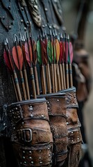 Naklejka premium Archery setup with bow, arrows, target, and archer’s glove and armguard, capturing the essentials of this precision sport.