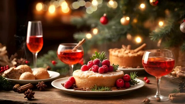 serving sweet raspberry cake and a glass of drink on Christmas Eve seamless looping 4k video background