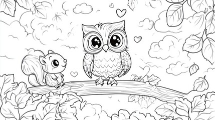 Fototapeta premium Cute Cartoon Owl and Squirrel Illustration
