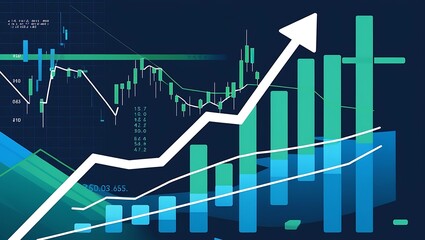 Fototapeta premium Modern 3D Financial Chart Illustration with White Upward-Trending Line, Green and Blue Bar Charts, Candlestick Patterns, and Bold Teal Numbers on Dark Background