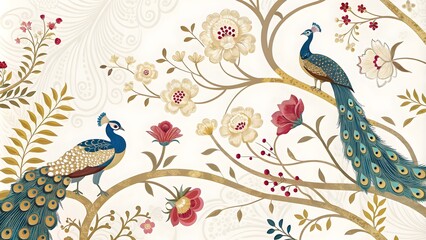 Abstract Floral Background with Peacocks, Gold Accents, and Elegant Branches