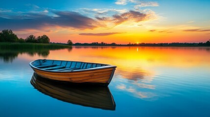 Fototapeta premium A lone wooden boat floats on a calm lake at sunset, with the setting sun reflecting in the water.