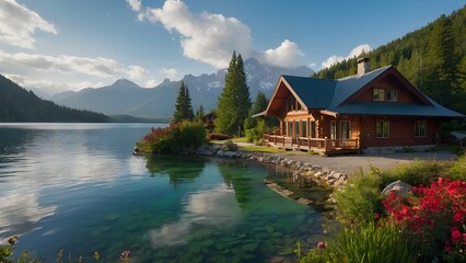 Fototapeta premium An anime-inspired serene lakeside landscape featuring a comfortable white cottage with a red wooden upper portion