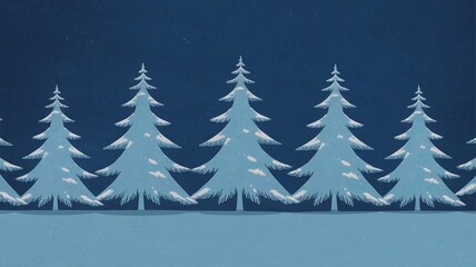 Obraz premium Five snow-covered pine trees aligned against a minimalist blue background, creating a serene winter scene.