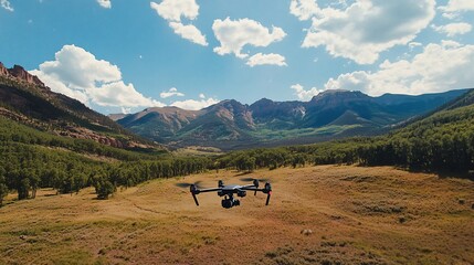 A black drone flying in a mountainous landscape, with green trees and blue skies.