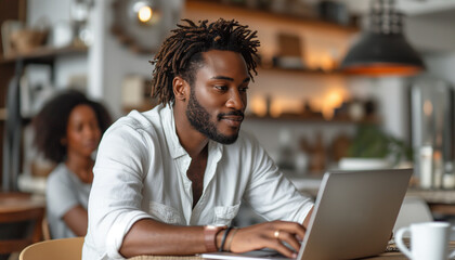 Obraz premium Thinking black african american man 30 years old in white t shirt wearing a wristwatch with curly hair, working on laptop, typing of ideas in office and copywriting in modern white interior. 
