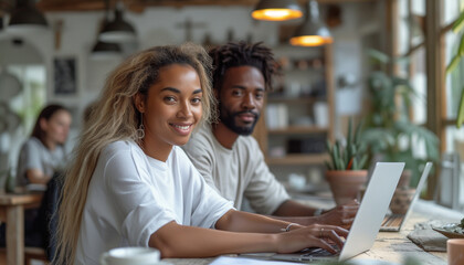 Smilling black african american man and woman 30 years old in white t shirts with curly hair, working on laptops, typing of ideas in office and copywriting in modern white office. 